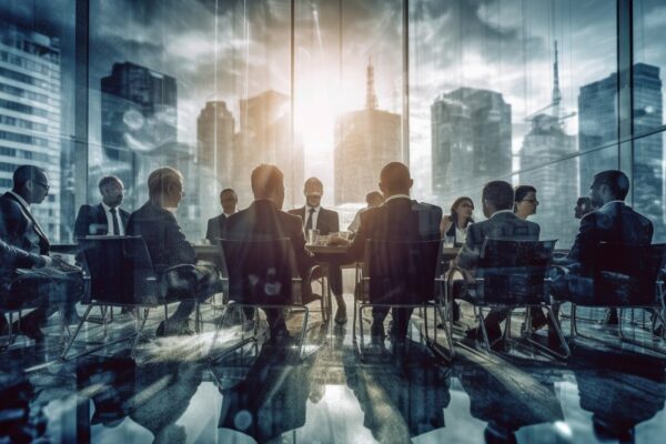 Double exposure photograph business conference with gathering people backdrop city office building background generative ai