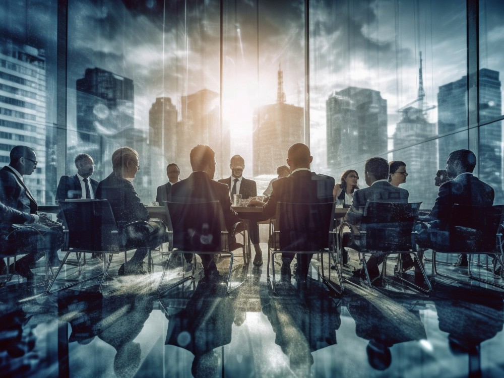 Double exposure photograph business conference with gathering people backdrop city office building background generative ai