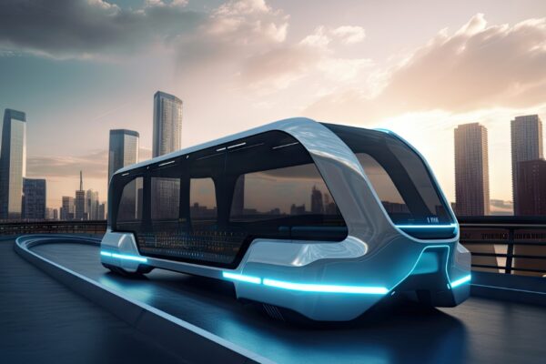 Futuristic electric bus futuristic bridge with view city background