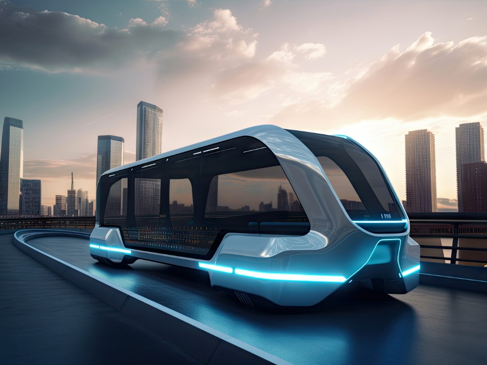 Futuristic electric bus futuristic bridge with view city background