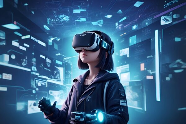 Girl wearing virtual reality glasses cyberspace