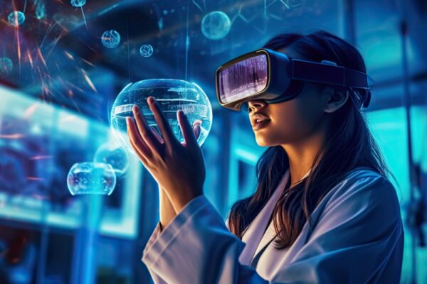 Scientist female wearing vr headset interacting with virtual reality science lab interacting with virtual reality science chemistry technology generative ai