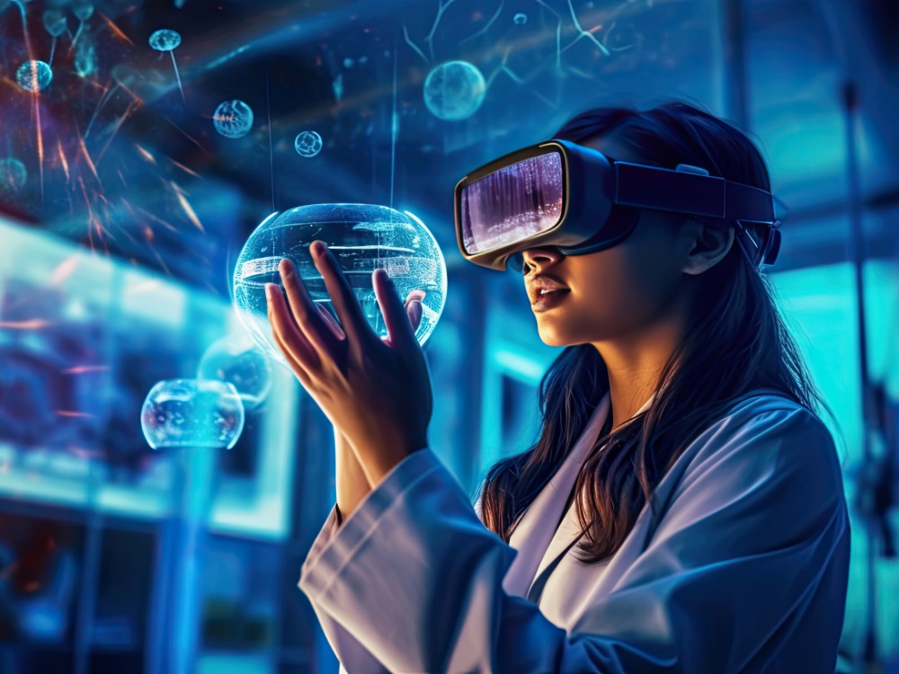 Scientist female wearing vr headset interacting with virtual reality science lab interacting with virtual reality science chemistry technology generative ai